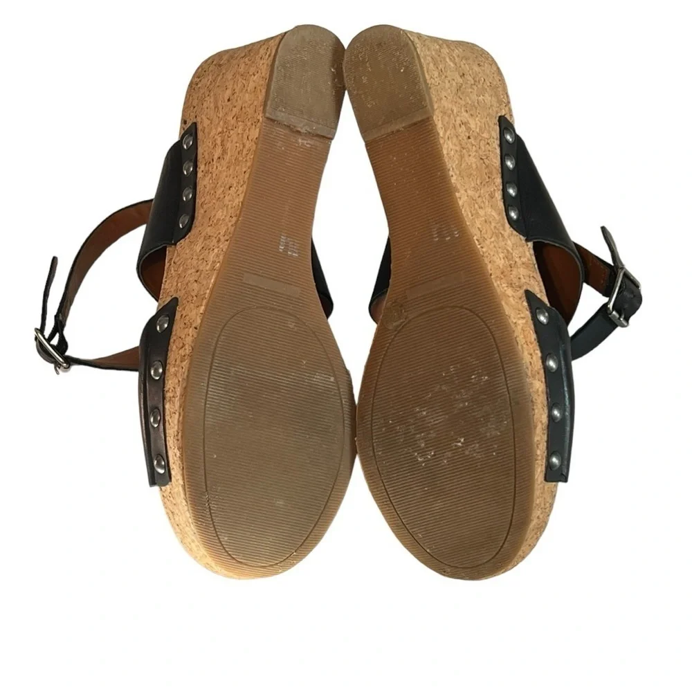 Lucky Brand Moran Cork Wedge Sandals Black Leather Studded Platform Size 8.5